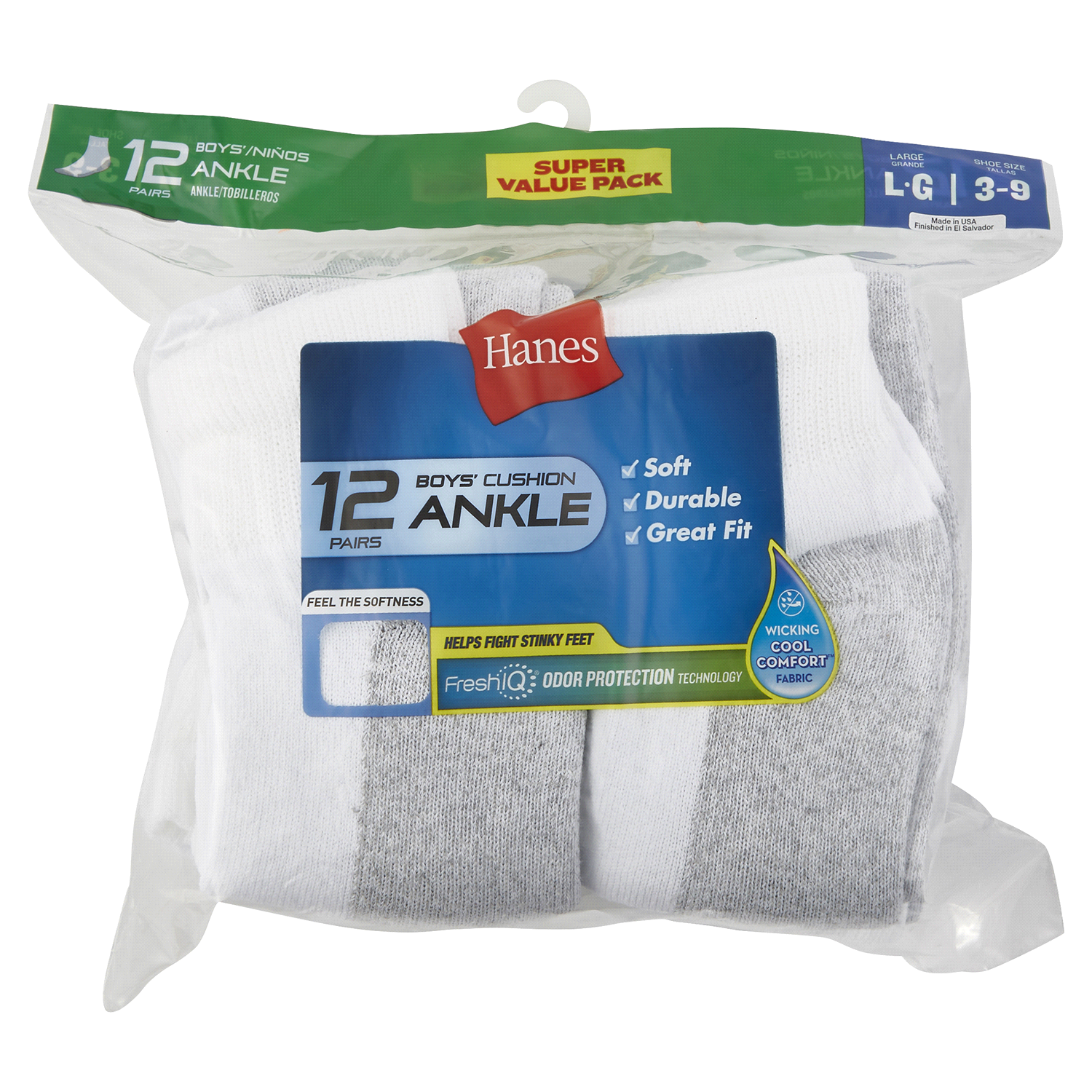 slide 1 of 1, Hanes Boys' Cushion Ankle Socks Large Super Value Pack 12 ea, 12 ct