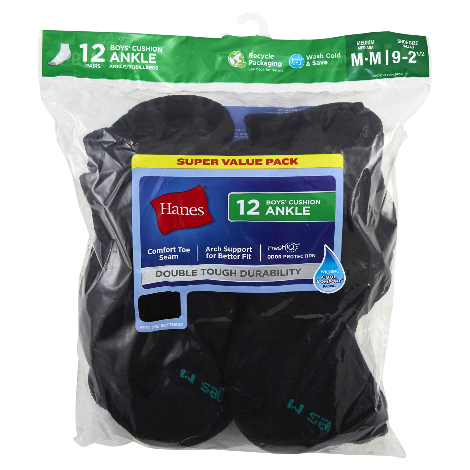 slide 1 of 1, Hanes Boys' 12pk Cushioned Ankle Athletic Socks - Black M, 12 ct