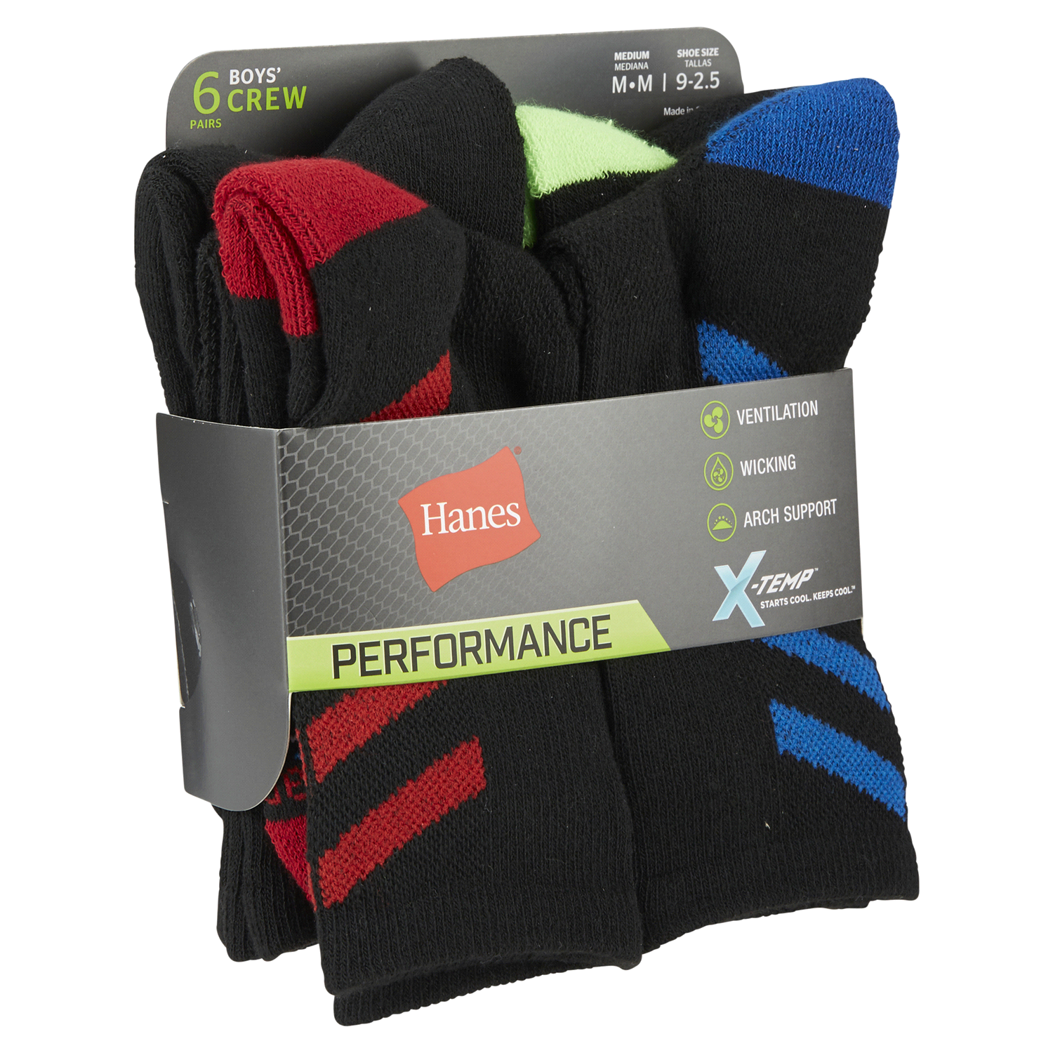 slide 4 of 5, Hanes Boys' X-Temp Crew Socks, Black, Size Medium, 6 ct