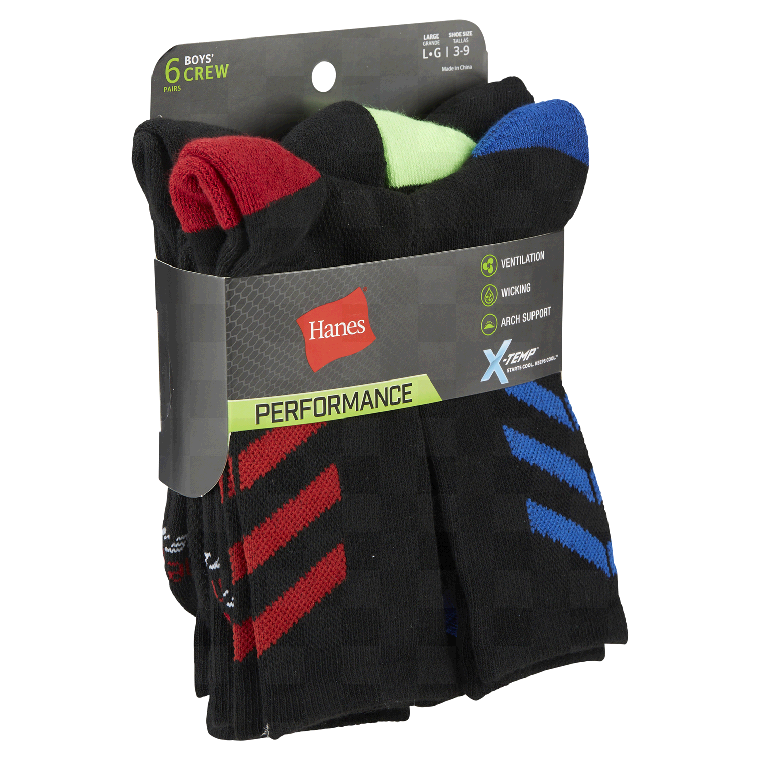 slide 4 of 5, Hanes Boys' X-Temp Crew Socks, Black, Size Large, 6 ct