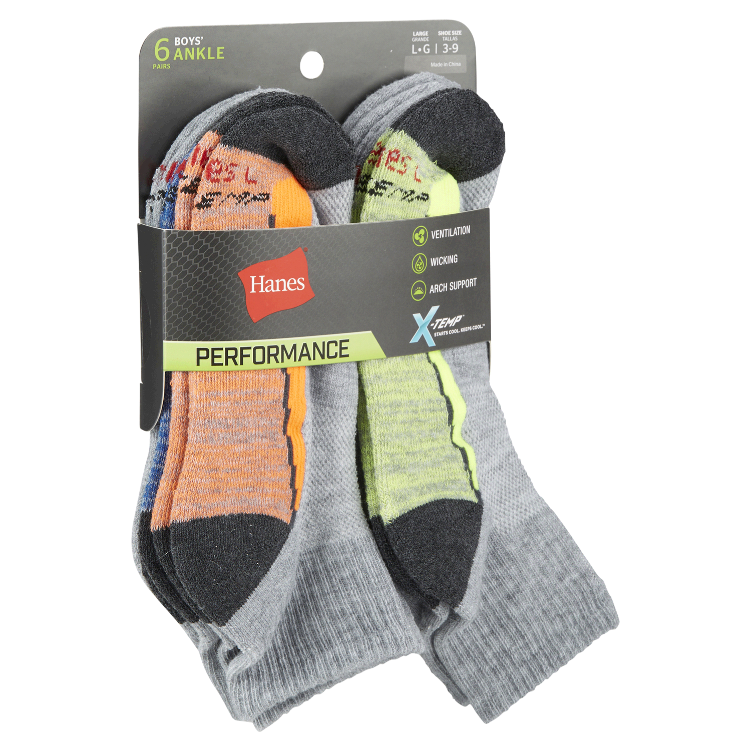 slide 4 of 5, Hanes Boys' Performance Ankle Socks Large 6 ea, 6 ct