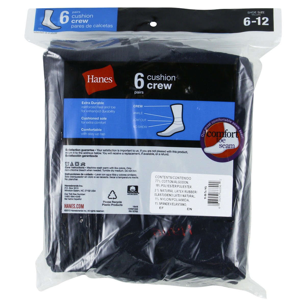 slide 2 of 2, Hanes Men's Cushion Crew Socks 6 ea, 6 ct