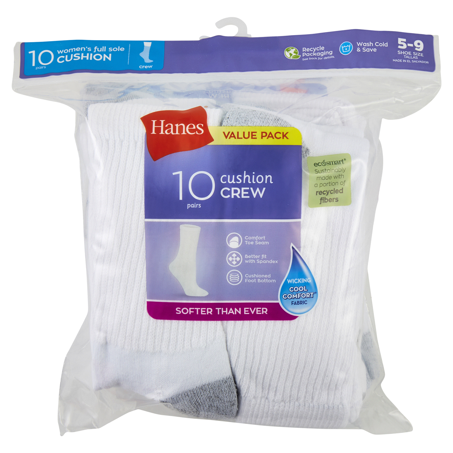 slide 1 of 1, Hanes Womens Crew Sock, 10 pk, White, Size 5-9, 10 ct