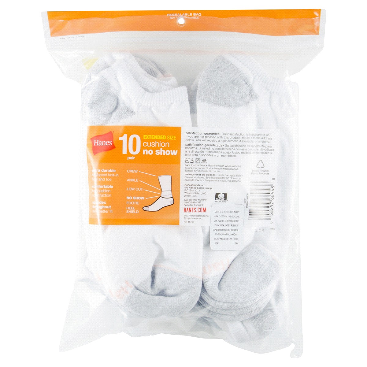 slide 2 of 2, Hanes Women's Extended Size 10pk No Show Socks - White 8-12, 10 ct