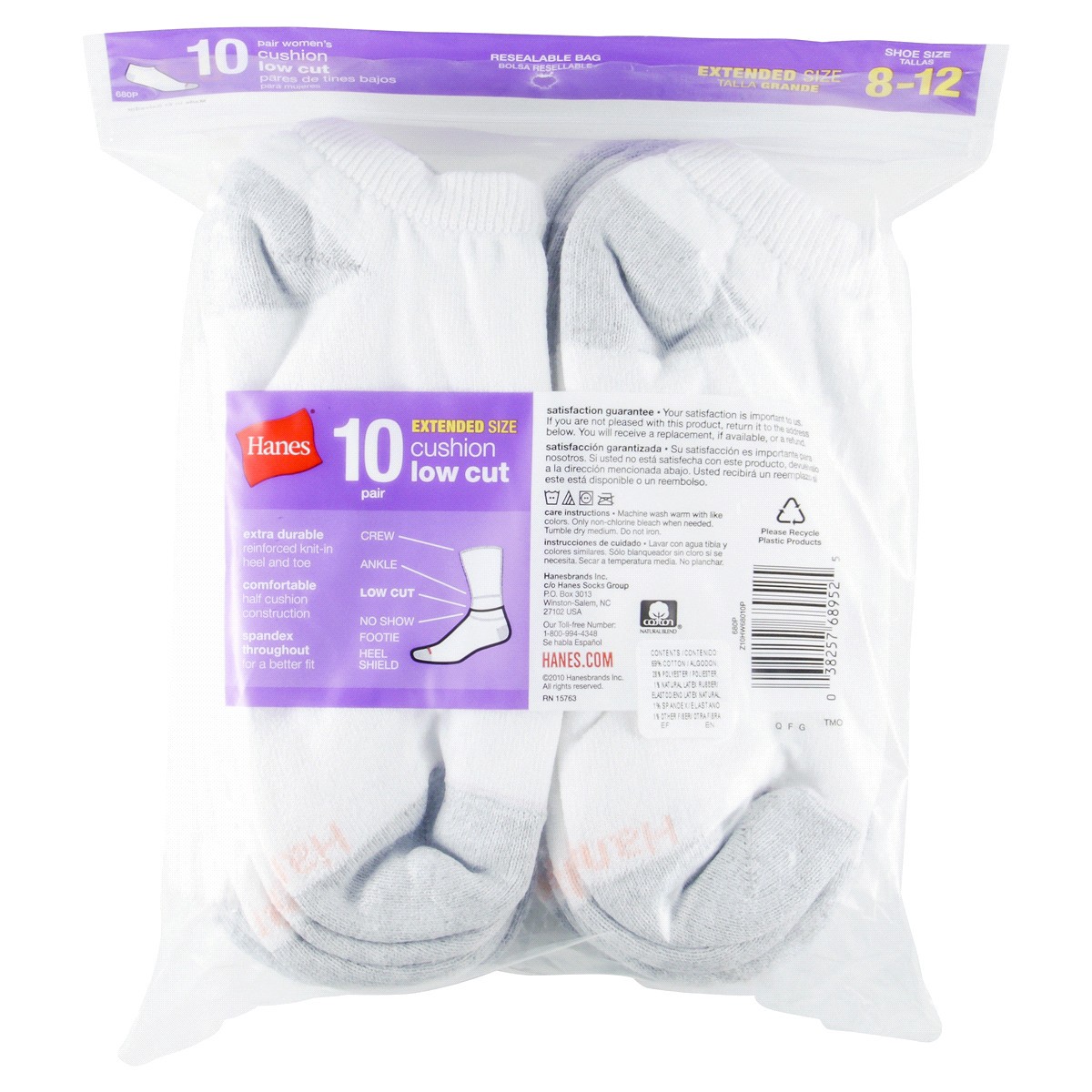 slide 2 of 2, Hanes Women's Extended Size Cushioned 10pk Low Cut Socks - White 8-12, 10 ct