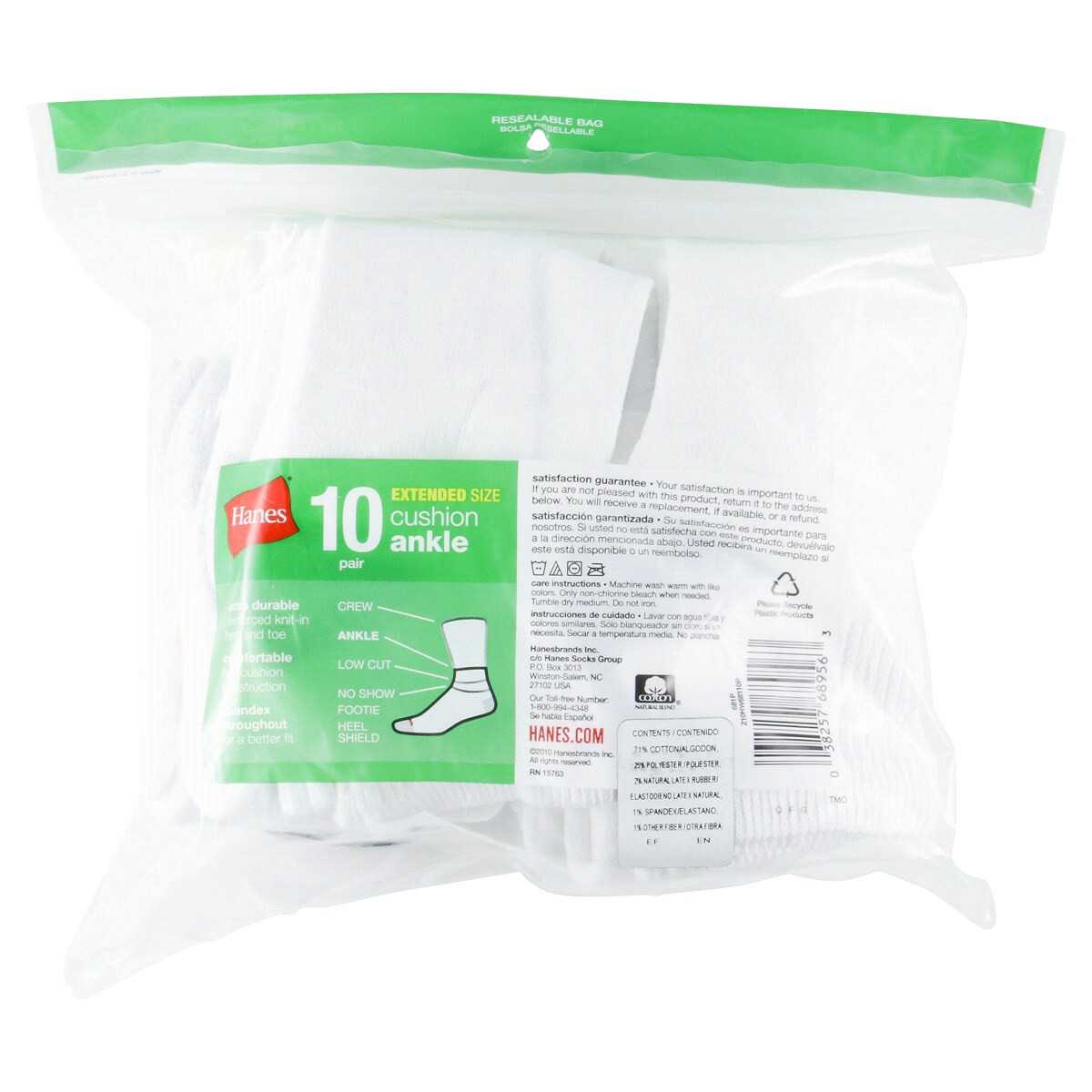 slide 2 of 2, Hanes Women's Extended Size Cushioned 10pk Ankle Socks - White 8-12, 10 ct