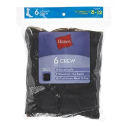 Hanes 6Pr Crew Sock 683/6P Black Plus 8-12