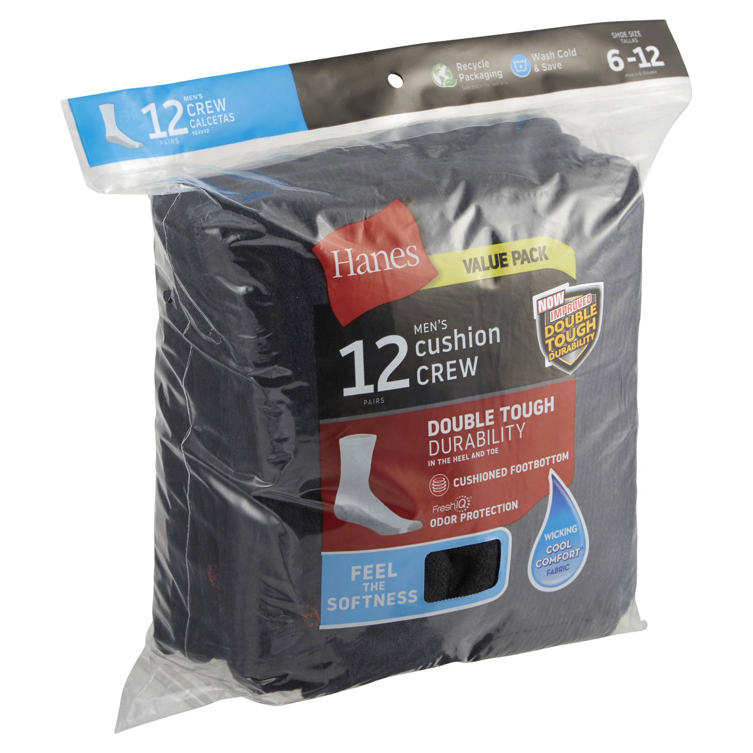 slide 4 of 5, Hanes Men's Crew Socks Black, 6-12, 12 ct