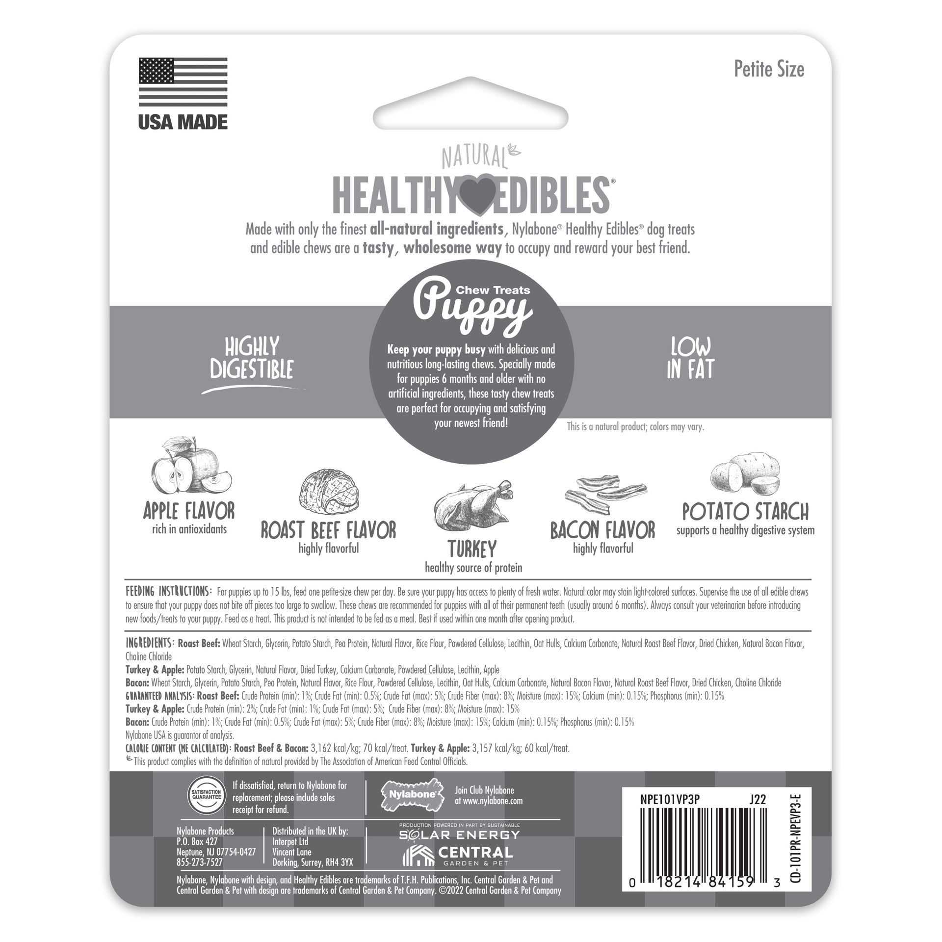 slide 4 of 9, Nylabone Healthy Edibles Puppy Natural Long Lasting Variety Dog Chew Treats Roast Beef, Turkey, & Apple, & Bacon X-Small/Petite - Up to 15 lbs.(3 Count), 3 ct