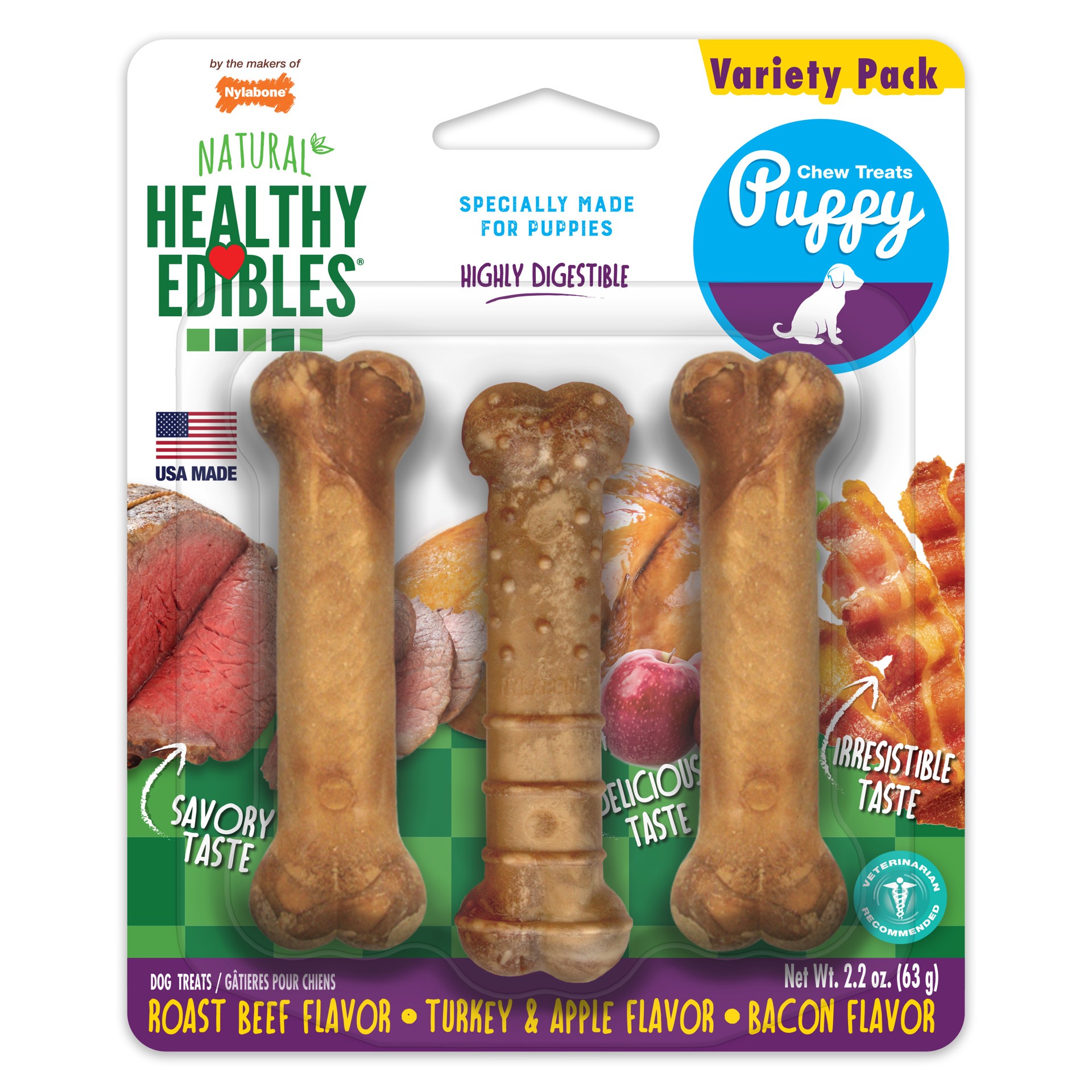 slide 1 of 9, Nylabone Healthy Edibles Puppy Natural Long Lasting Variety Dog Chew Treats Roast Beef, Turkey, & Apple, & Bacon X-Small/Petite - Up to 15 lbs.(3 Count), 3 ct