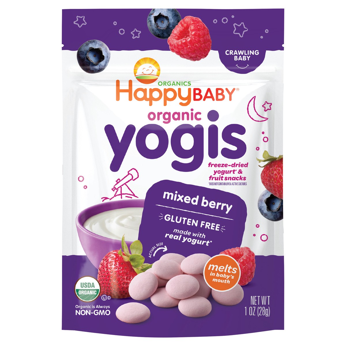 slide 1 of 2, Happy Baby Organics Organic Yogis Freeze-Dried Yogurt & Fruit Snacks Mixed Berry 1 oz UNIT, 1 oz