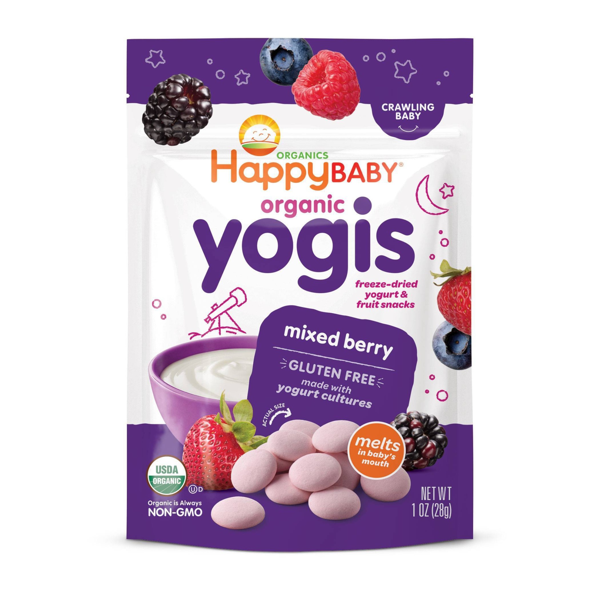 slide 1 of 6, Happy Baby Happy Yogis Mixed Berry Organic Yogurt & Fruit Snacks, 1 oz