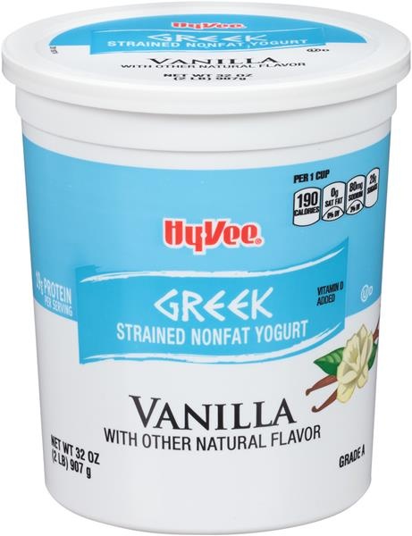 slide 1 of 1, Hy-vee Vanilla Greek Strained Nonfat Yogurt, 32 oz