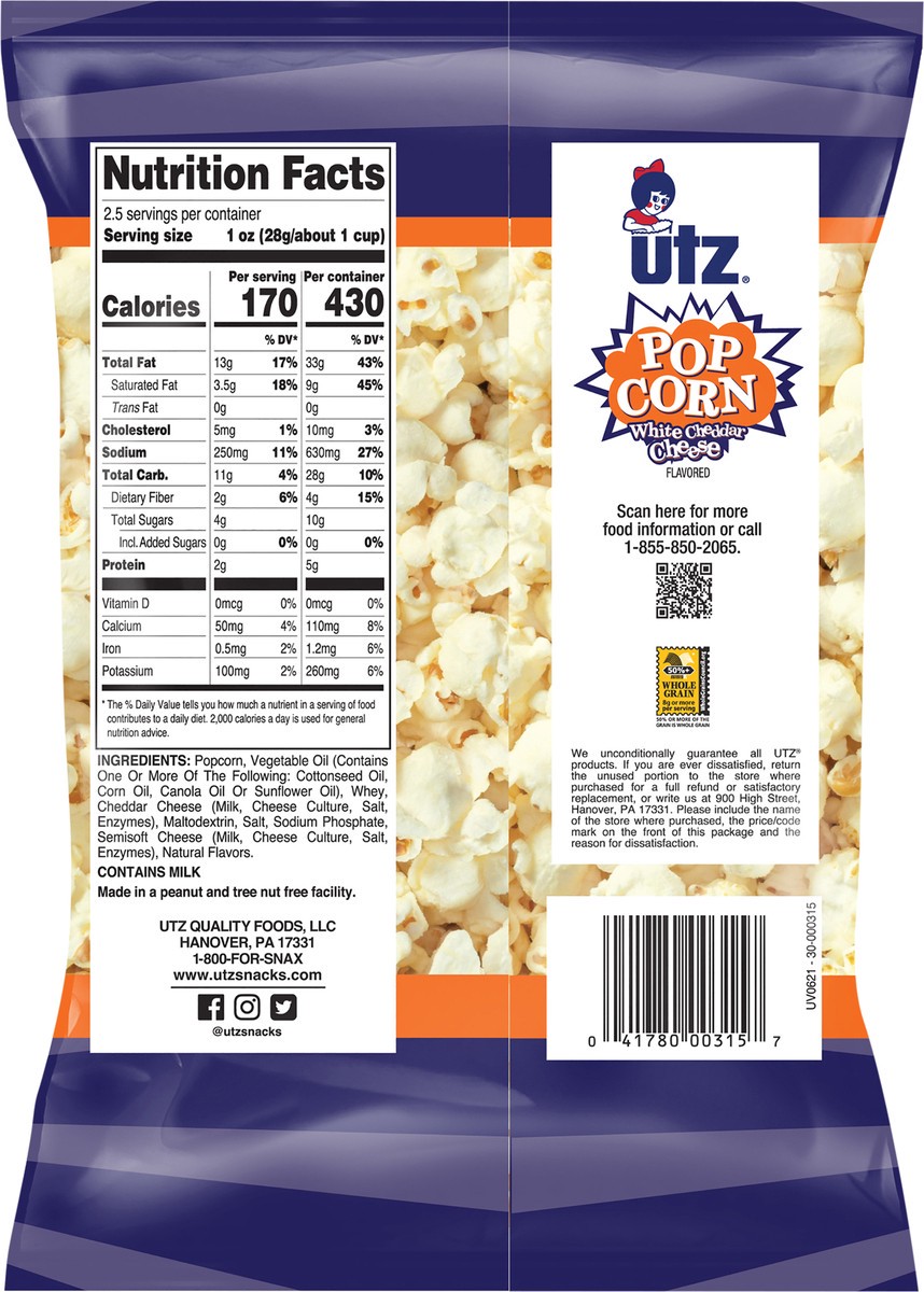 slide 8 of 8, Utz 2.5 oz Utz Premium White Cheddar Popcorn, 2.5 oz