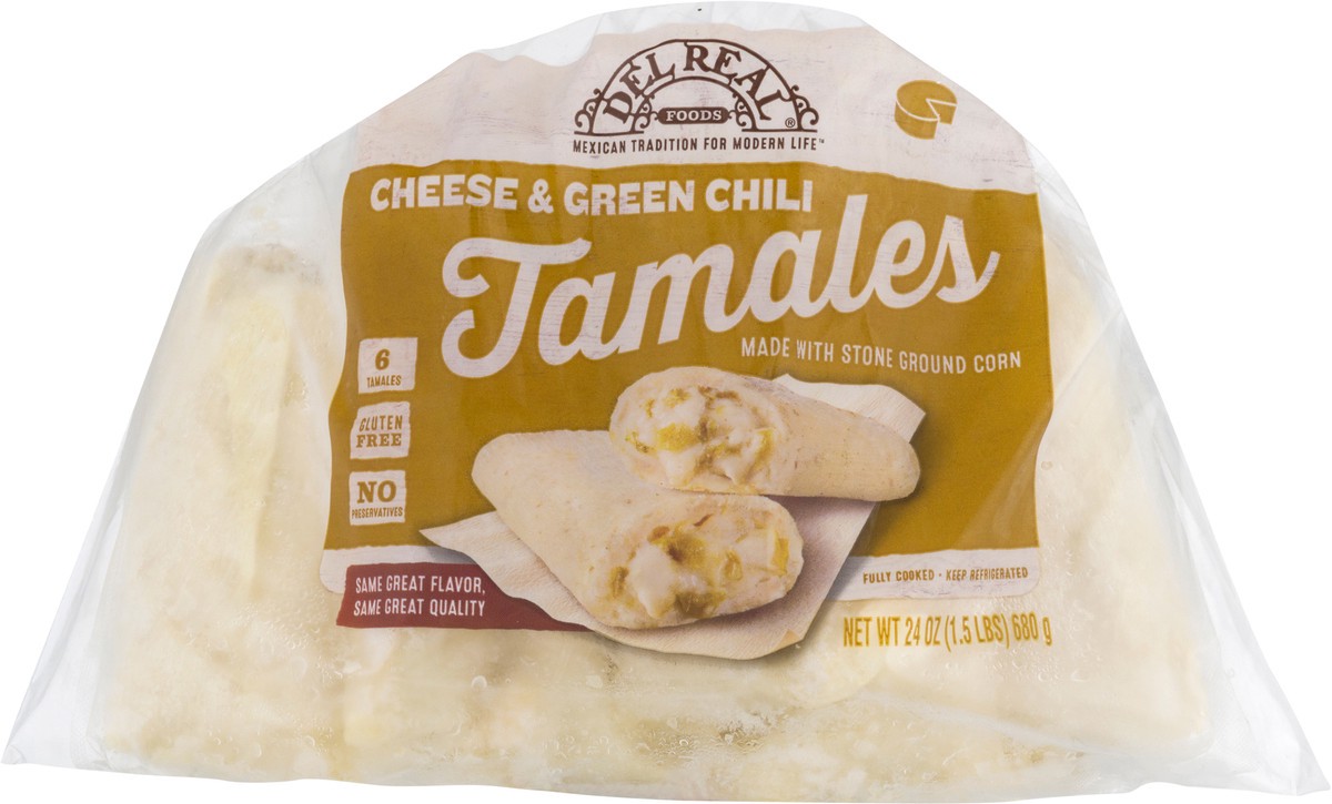 slide 1 of 12, Del Real Foods Cheese & Green Chili Tamales 6 6 ea Bag, 6 ct