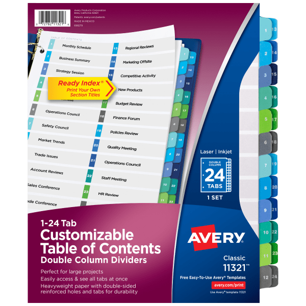 slide 1 of 9, Avery Ready Index 20% Recycled Double-Column Table Of Contents Dividers, 24-Tab, 1 ct