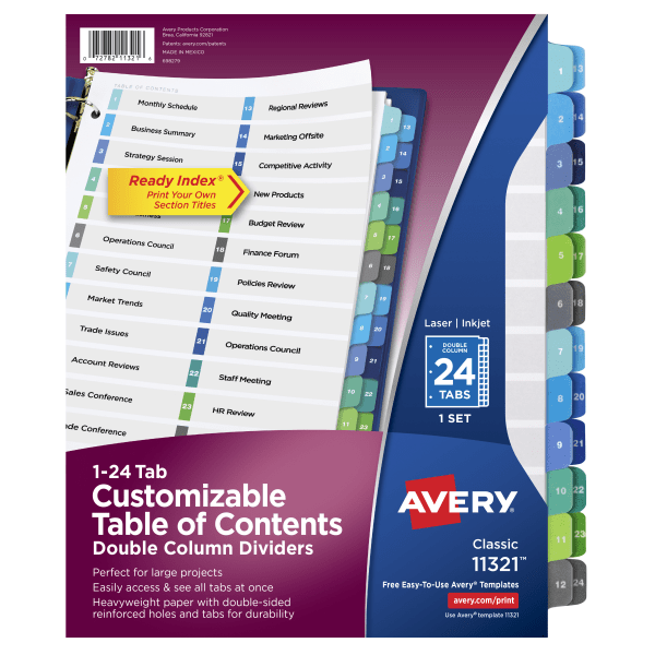 slide 1 of 6, Avery Ready Index 20% Recycled Double-Column Table Of Contents Dividers, 24-Tab, 1 ct