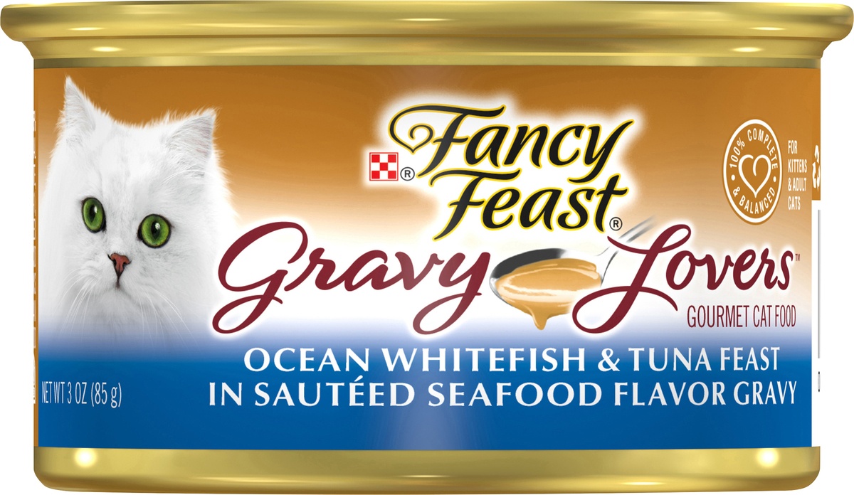 slide 3 of 5, Fancy Feast Gravy Lovers Ocean Whitefish & Tuna Feast in Sauteed Seafood Flavor Gravy Cat Food, 3 oz