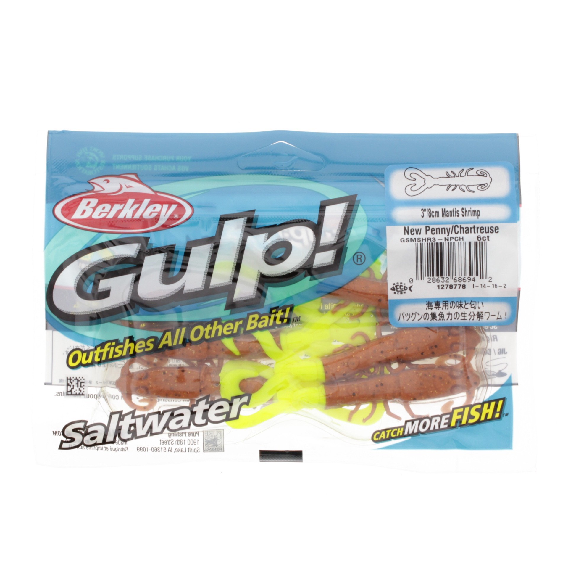 slide 1 of 1, Berkley 3 Inch Orange/Chartreuse Gulp Man Shrimp Lure, 6 ct