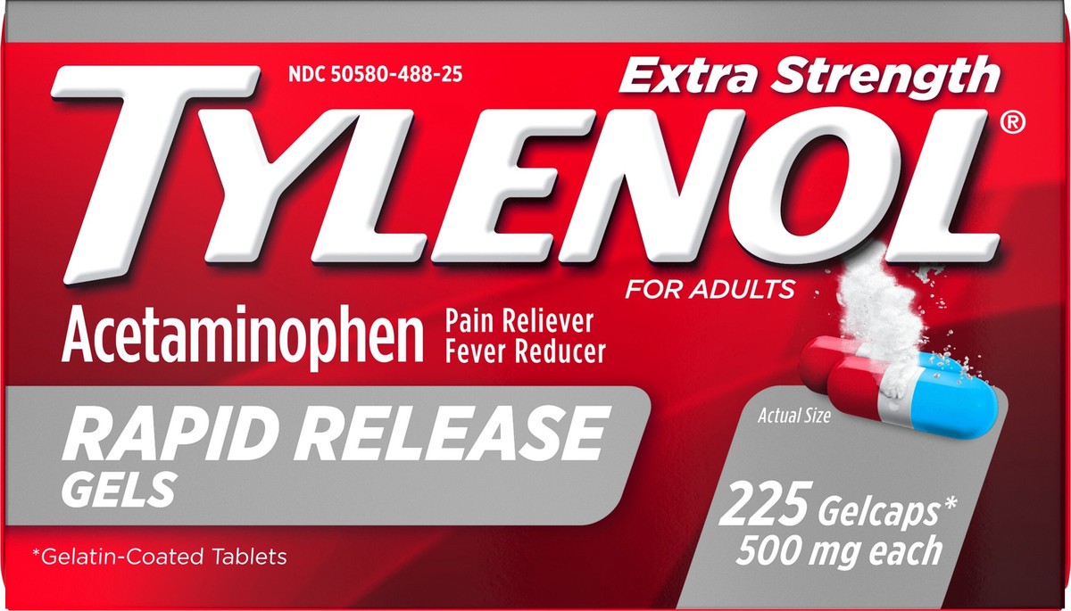 slide 2 of 7, Tylenol Extra Strength Acetaminophen Rapid Release Gels, Extra Strength Pain Reliever & Fever Reducer Medicine, Gelcaps with Laser-Drilled Holes, 500 mg Acetaminophen, 225 ct, 225 ct