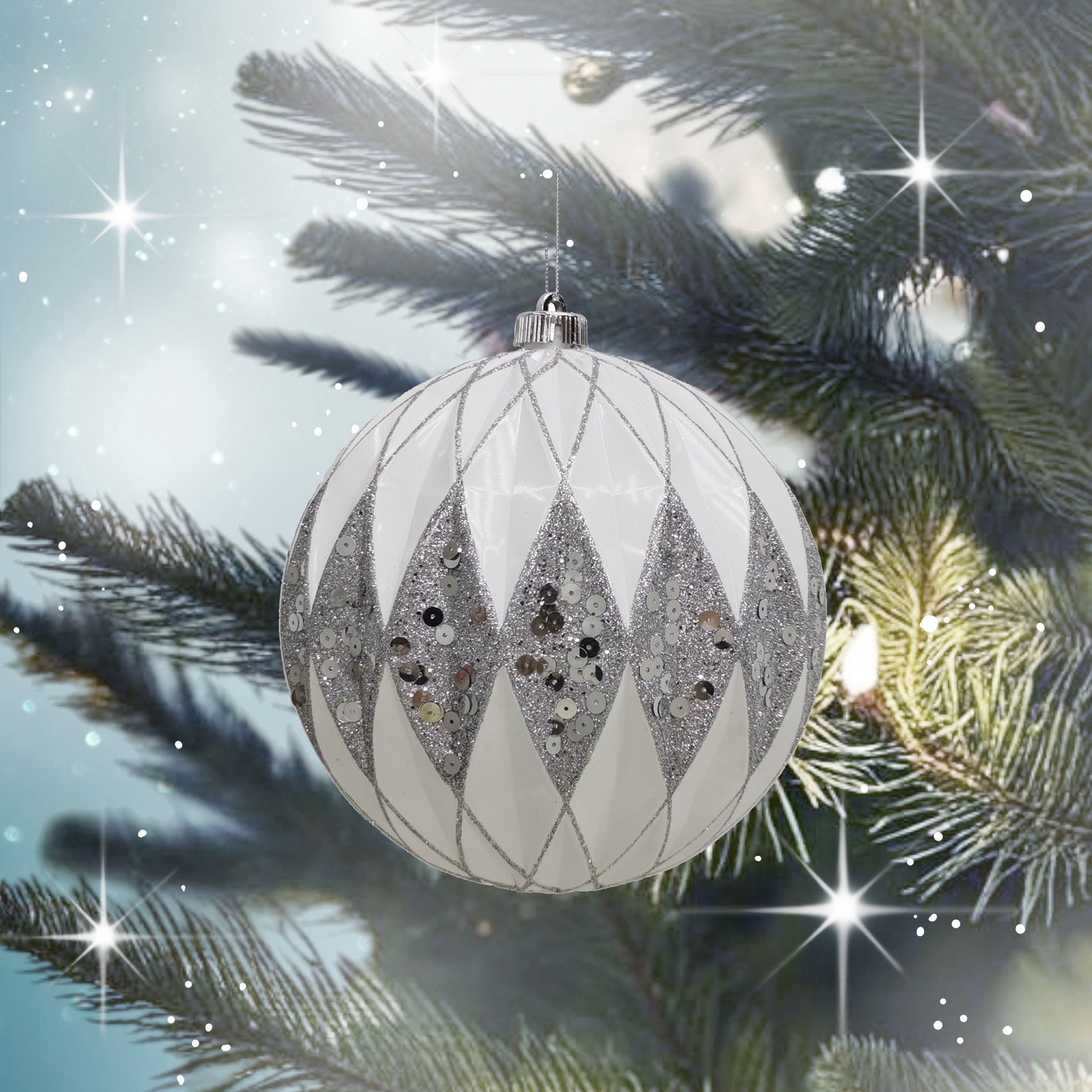 slide 2 of 3, 8.5" White & Silver Glitter Diamond Ball Ornament By Ashland, 8.5 in