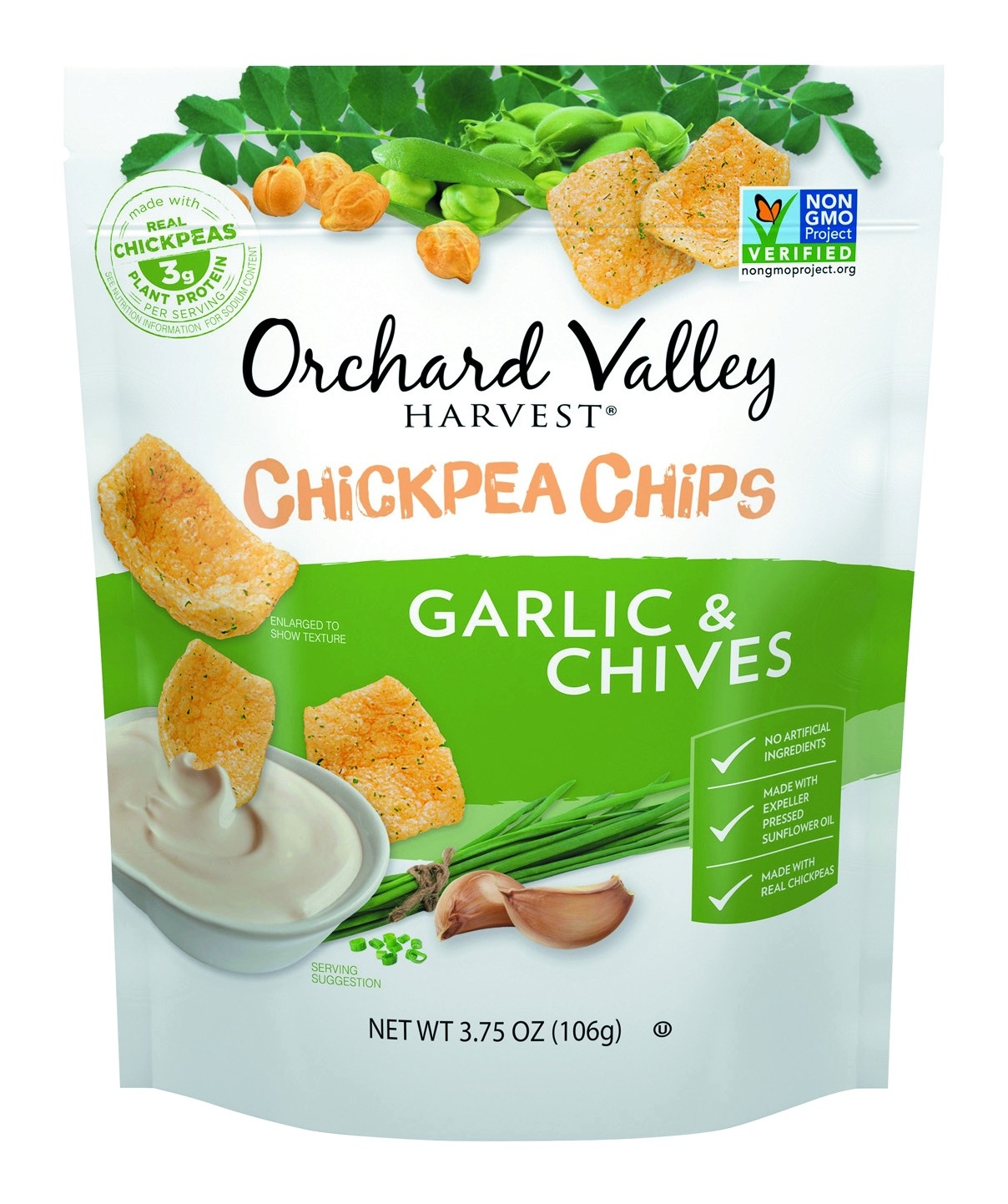 slide 1 of 1, Orchard Valley Chickpea Chips-garlic Chive, 3.75 oz