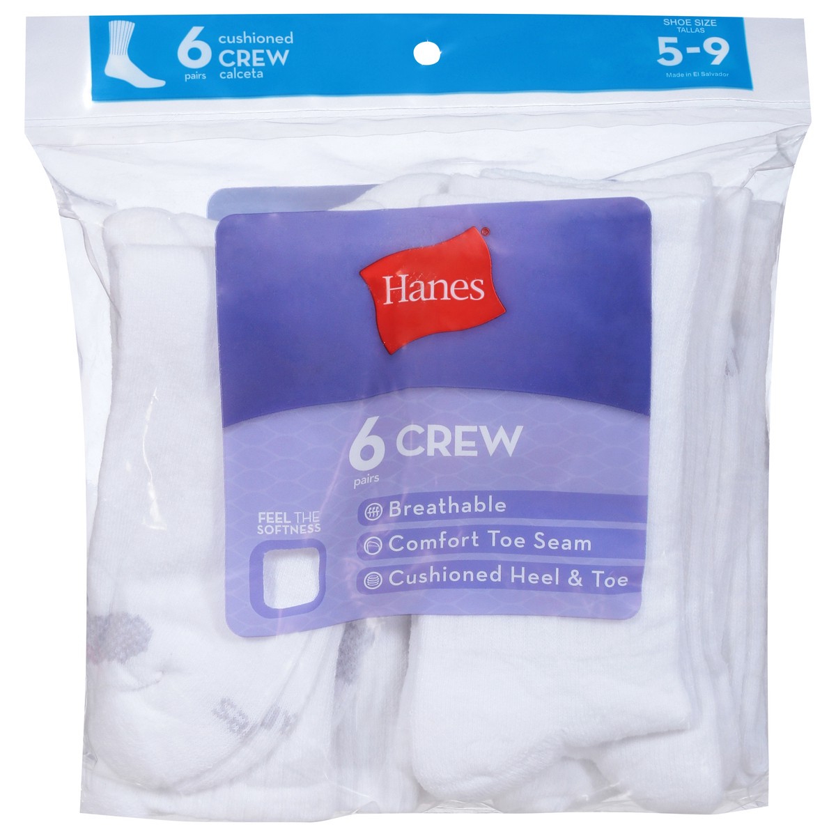 slide 1 of 9, Hanes Shoe Size 5-9 Cushioned Crew Socks 6 Pairs, 6 ct