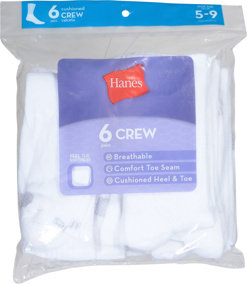 slide 6 of 9, Hanes Shoe Size 5-9 Cushioned Crew Socks 6 Pairs, 6 ct