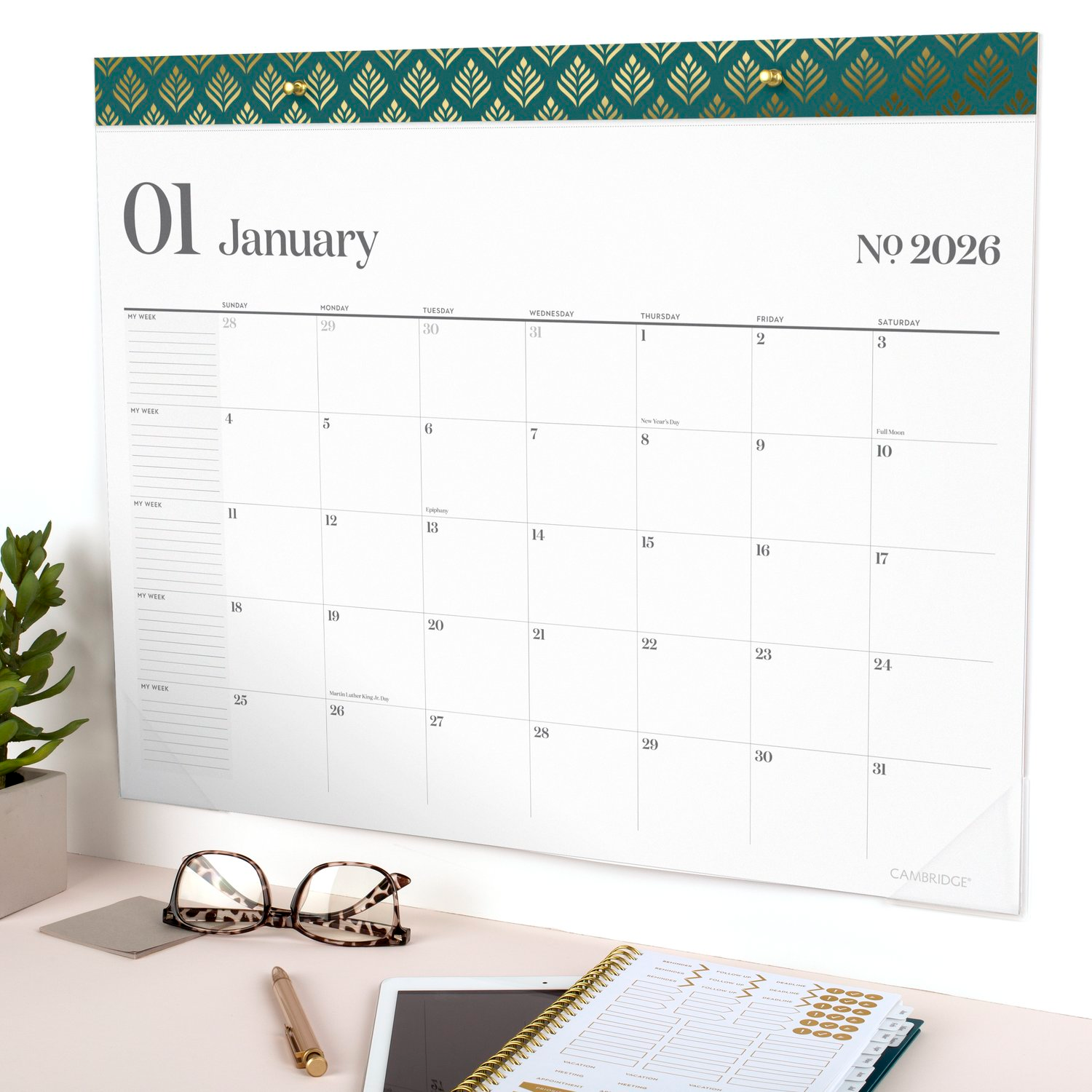 slide 3 of 7, Cambridge® WorkStyle® 2026 Monthly Desk Pad Calendar, Transformative Teal, Standard, 21 3/4" x 17", 17 in