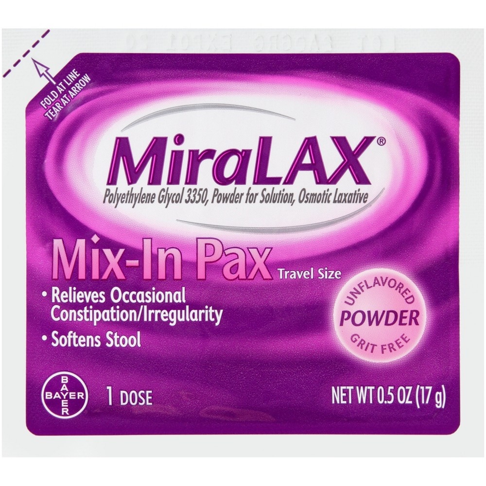 slide 2 of 6, Miralax Laxative Mix-In Pax Gentle Constipation Relief Sugar Free Powder, 20 ct