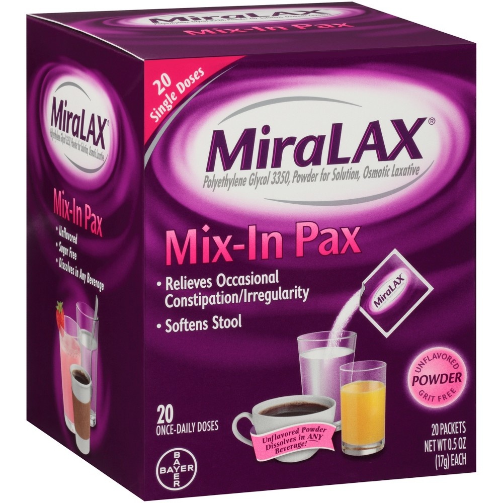 slide 5 of 6, Miralax Laxative Mix-In Pax Gentle Constipation Relief Sugar Free Powder, 20 ct