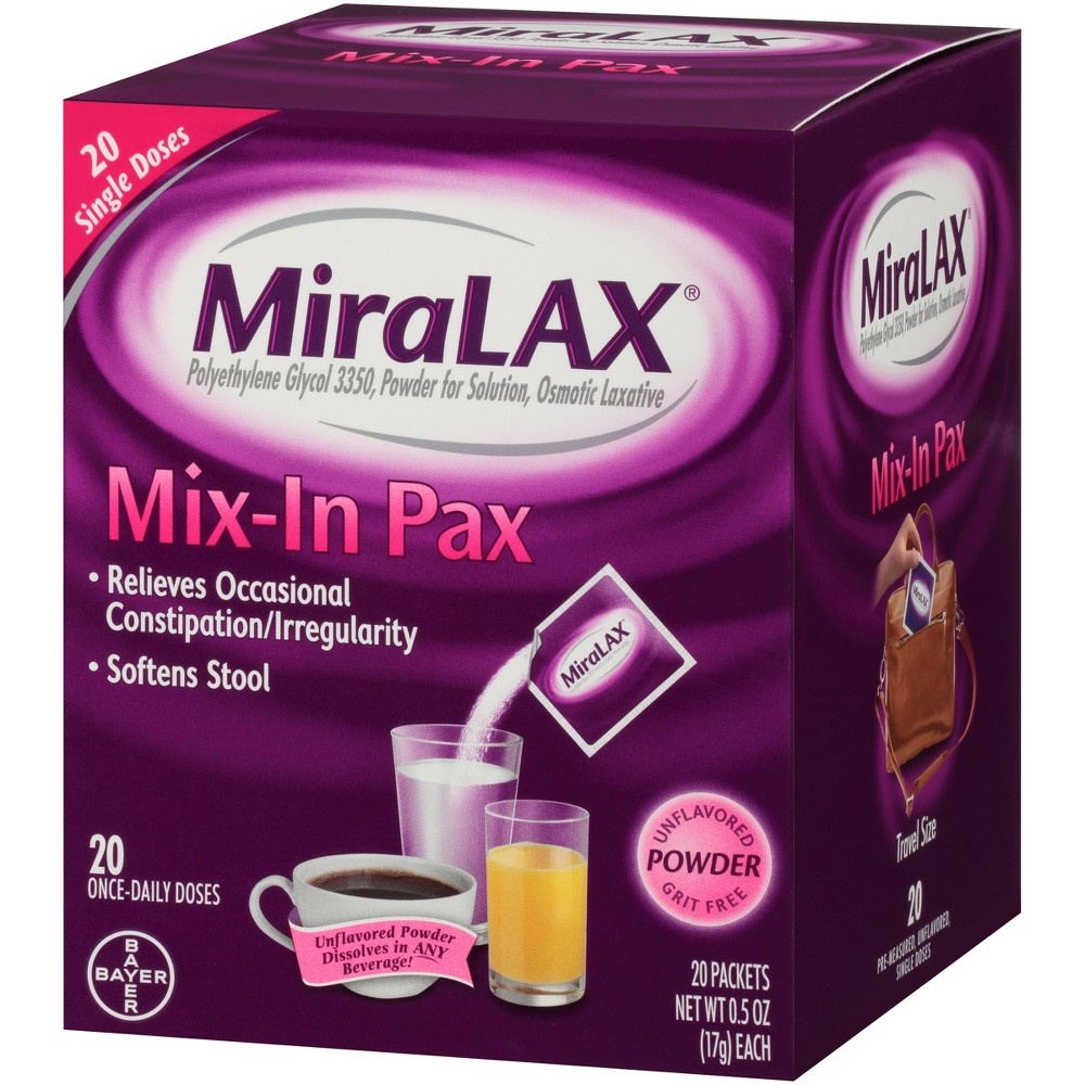 slide 6 of 6, Miralax Laxative Mix-In Pax Gentle Constipation Relief Sugar Free Powder, 20 ct