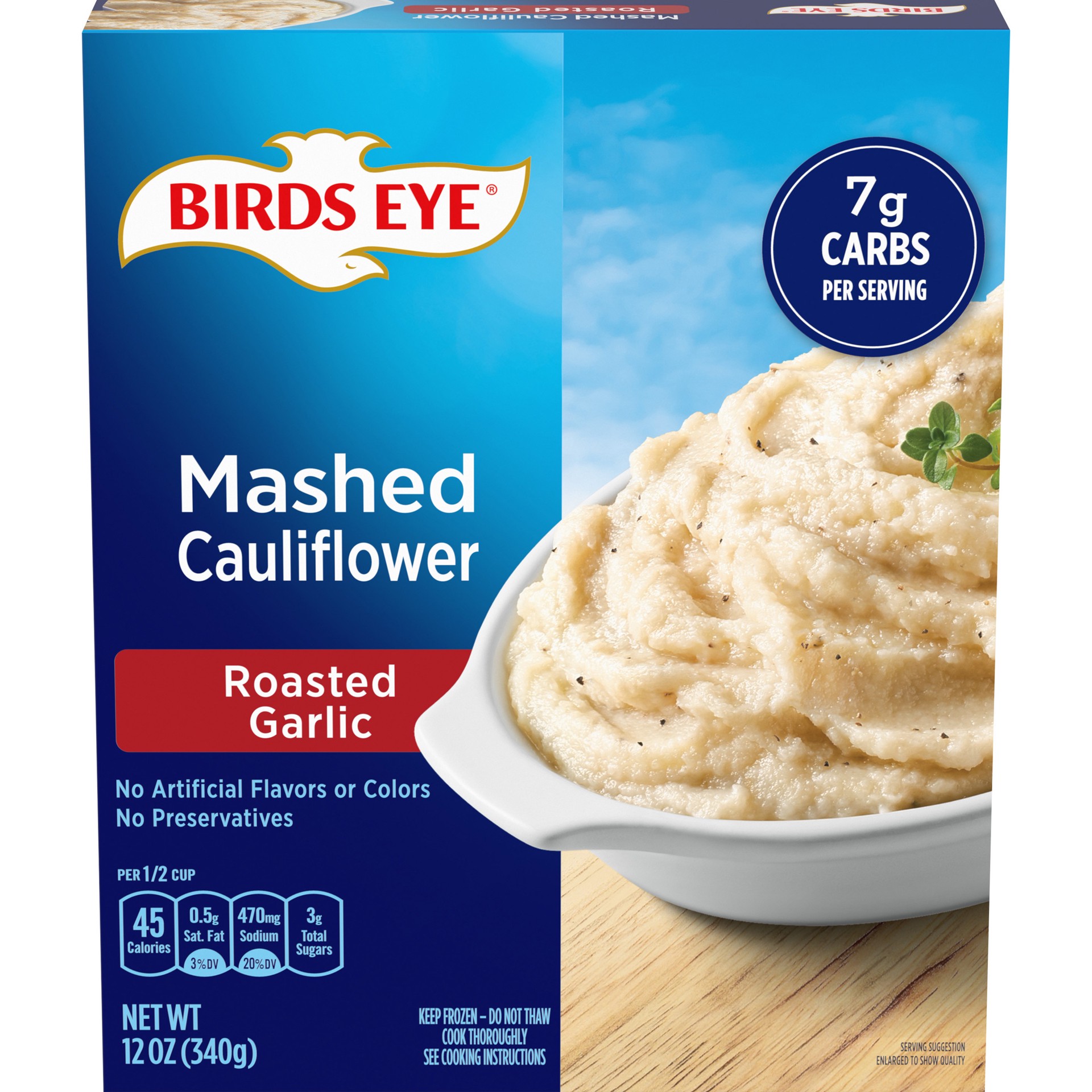slide 1 of 9, Birds Eye Roasted Garlic Mashed Cauliflower, Frozen Vegetable, 12 OZ Box, 
