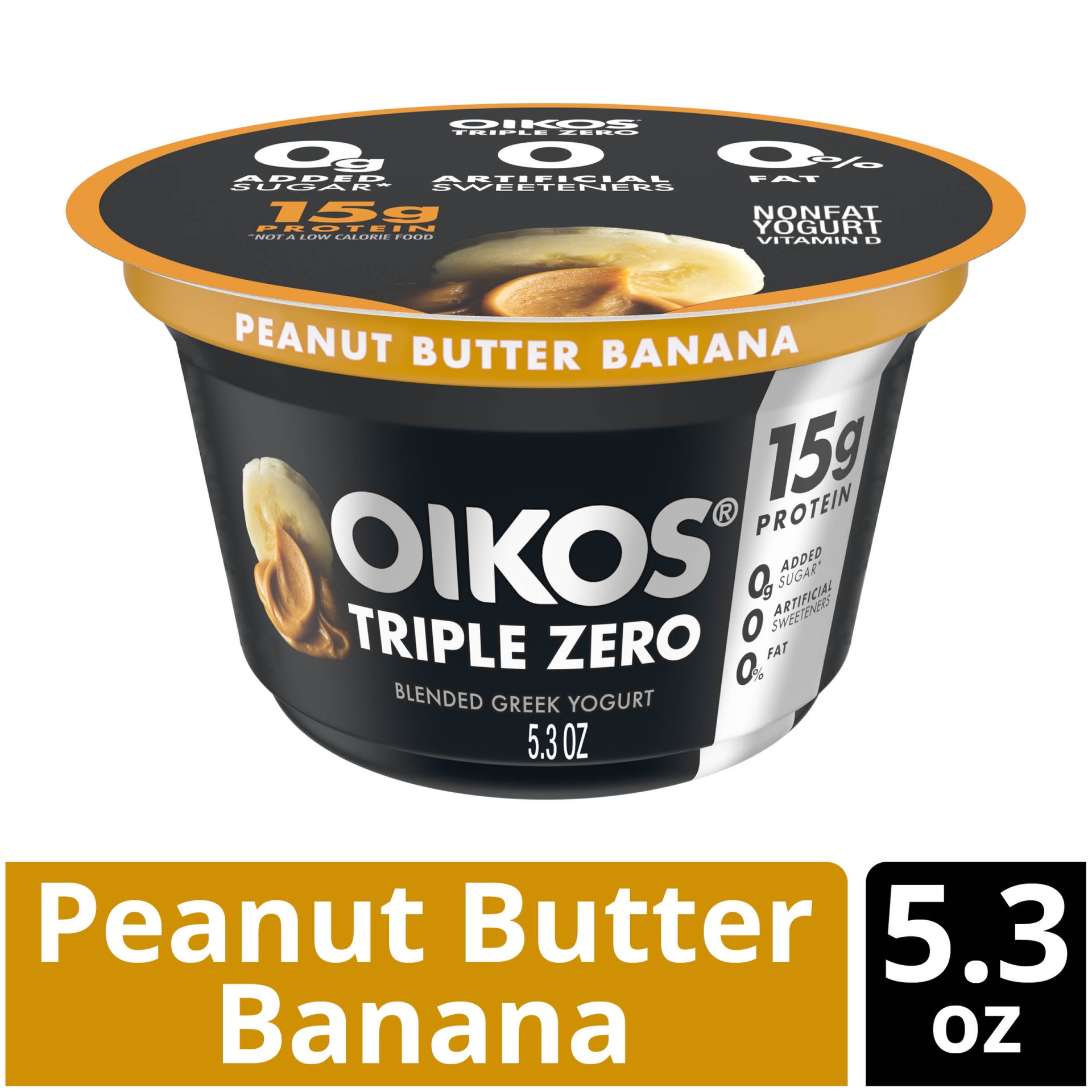 slide 1 of 7, Oikos Triple Zero Peanut Butter Banana Greek Yogurt, 5.3 oz