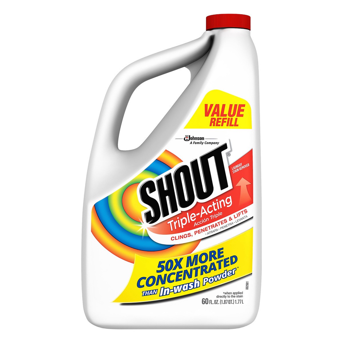 slide 1 of 5, Shout Triple-Acting Refill, Laundry Stain Remover, 60 Ounce, 60 oz