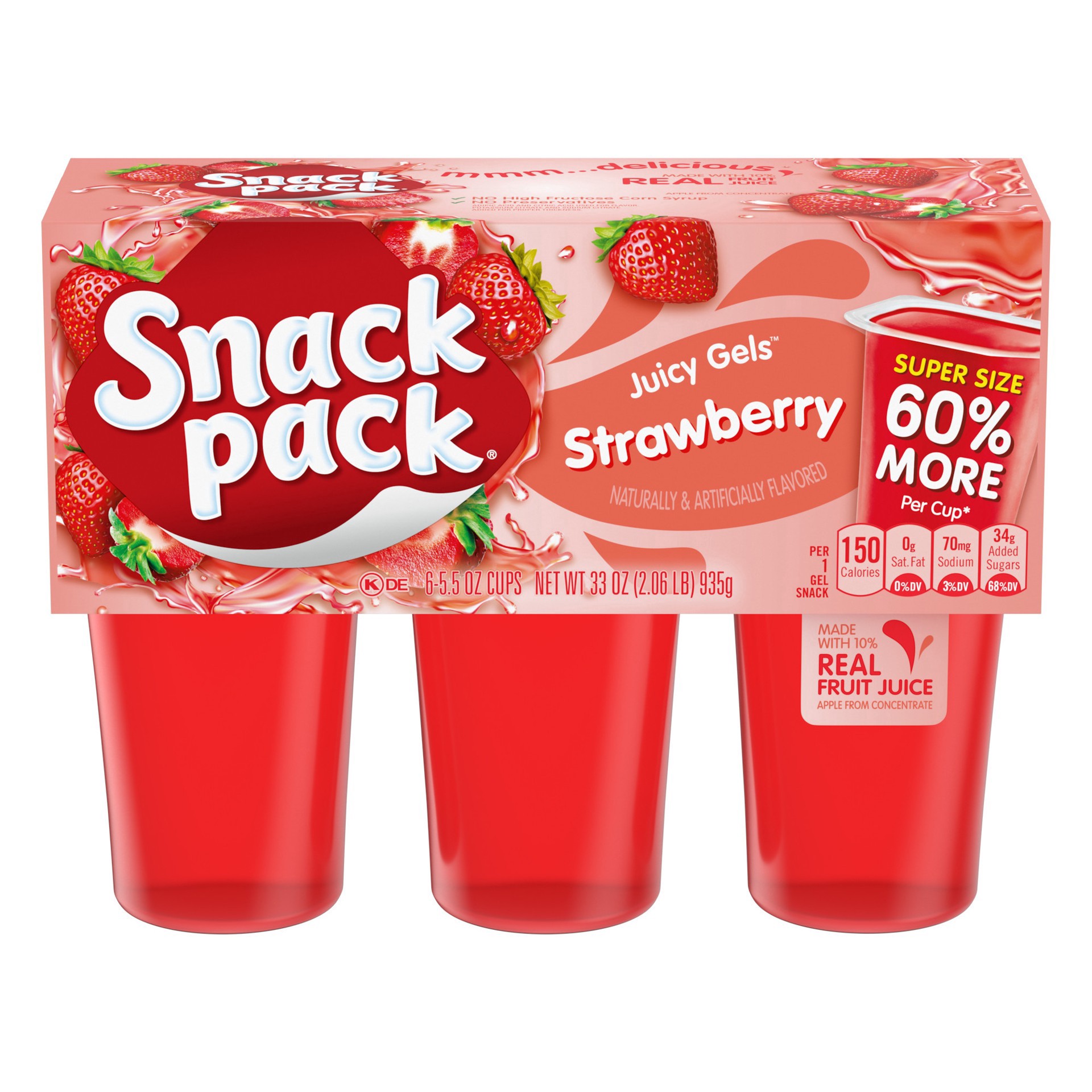 slide 1 of 5, Snack Pack Strawberry Flavored Juicy Gels, Super Size, 6 Count Snack Cups, 