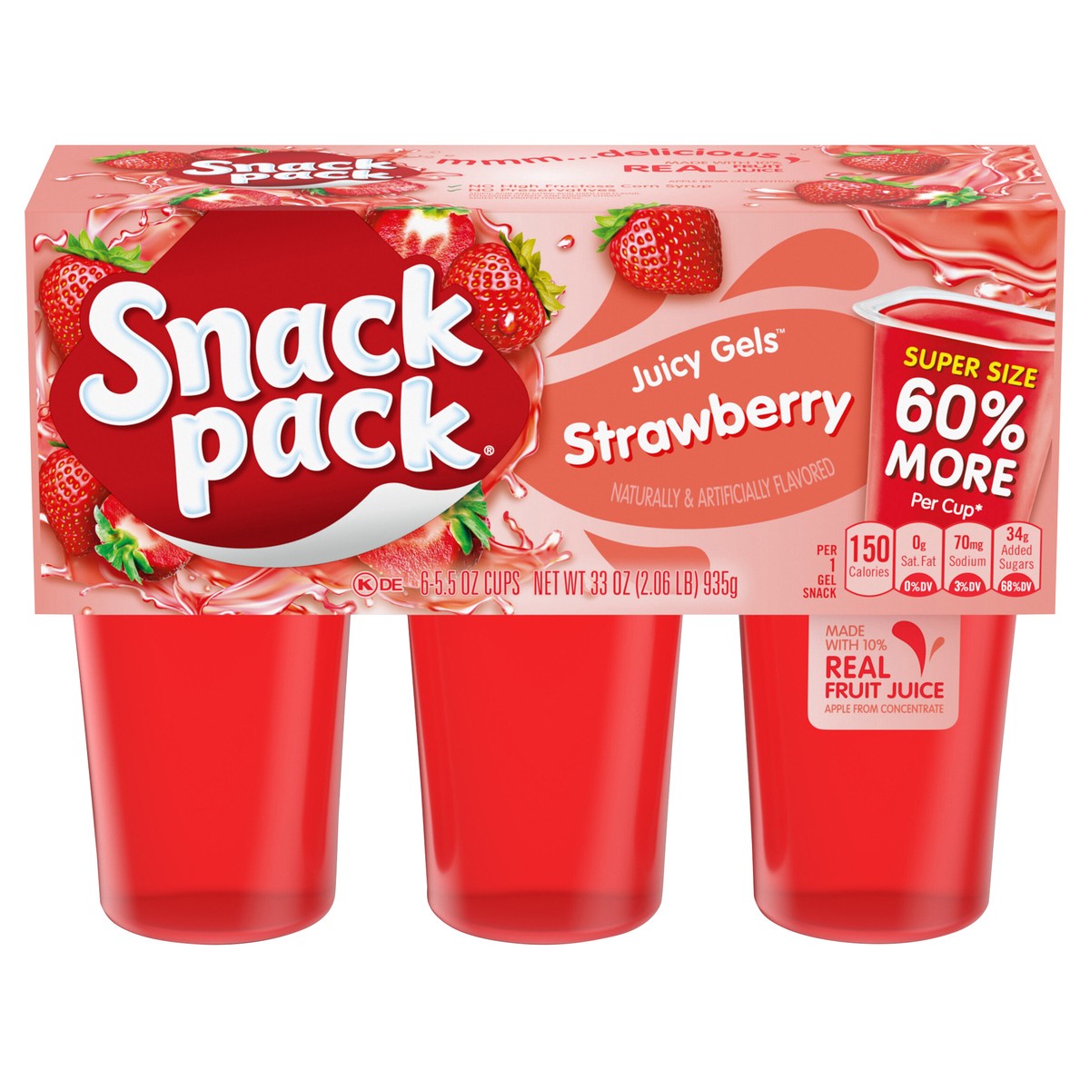 slide 1 of 5, Snack Pack Super Size Strawberry Flavored Juicy Gels, 5.5 oz Snack Cups, 6 Count, 6 ct