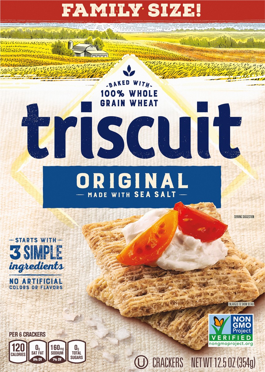 slide 7 of 9, Triscuit Original Whole Grain Wheat Crackers, Vegan Crackers, Family Size, 12.5 oz, 12.5 oz