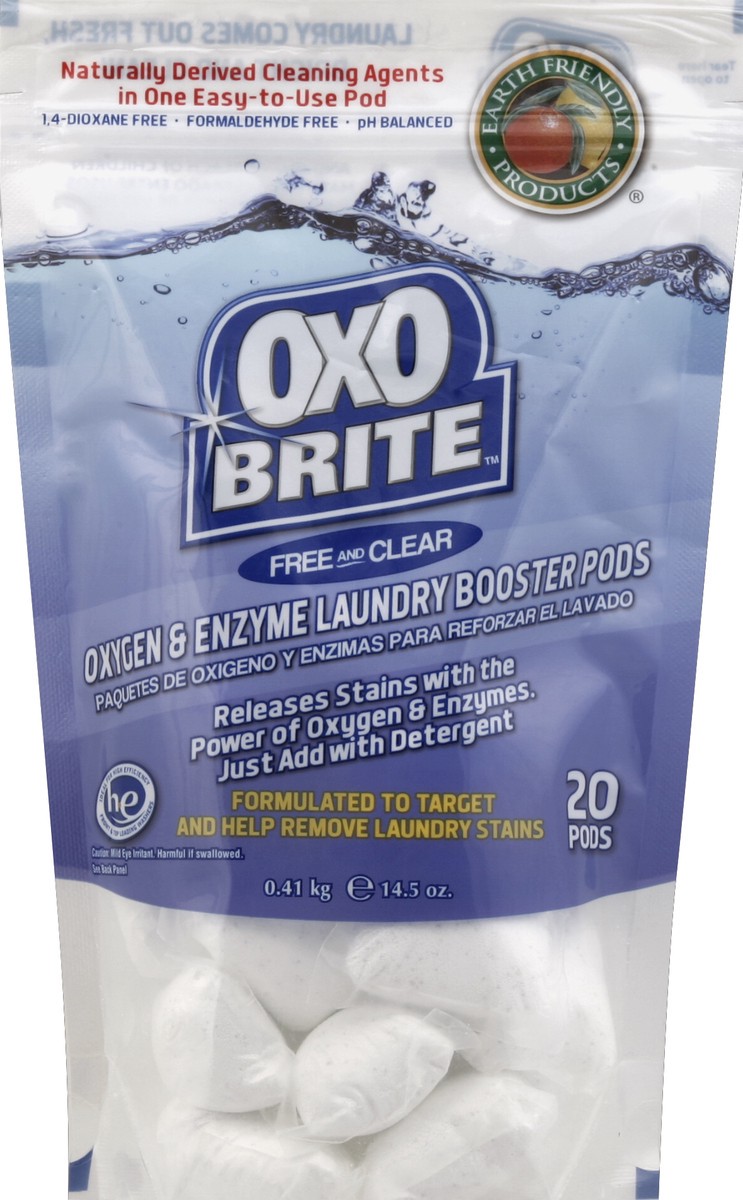 slide 2 of 3, Earth Friendly Products OXO Brite Laundry Booster Pods Free and Clear, 14.5 oz