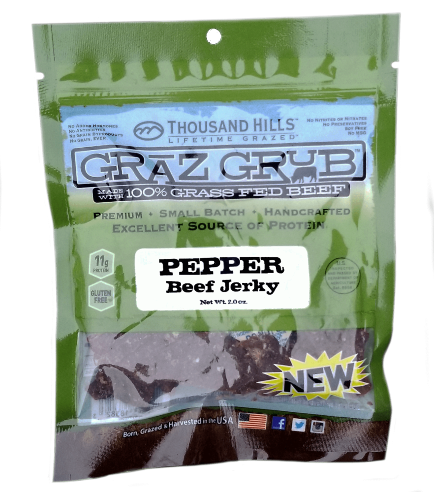 slide 1 of 1, Thousand Hills Graz Grubs Pepper Beef Jerky, 2 oz