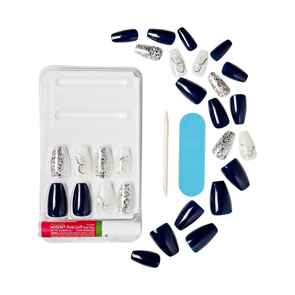 slide 4 of 5, KISS Gel Fantasy Allure Ready-To-Wear Medium Coffin Fake Nails, Black & Silver, 28 Pieces, 1 ct