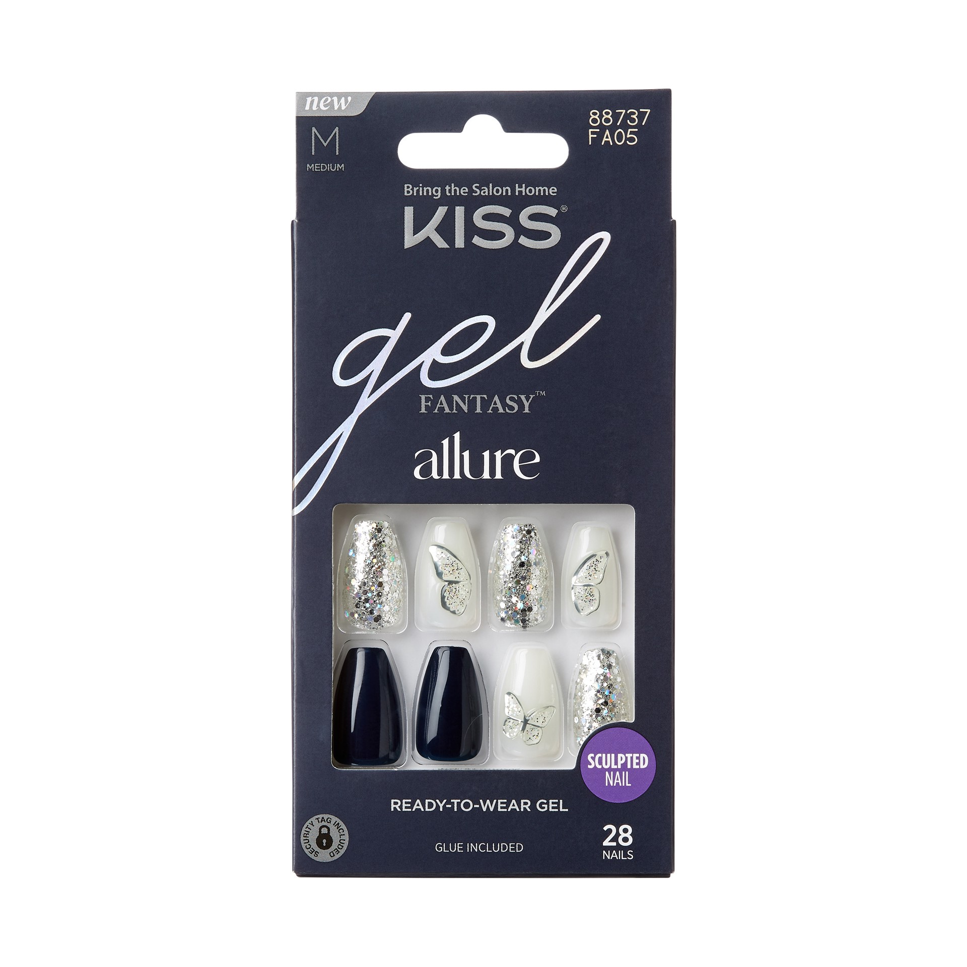 slide 1 of 5, KISS Gel Fantasy Allure Ready-To-Wear Medium Coffin Fake Nails, Black & Silver, 28 Pieces, 1 ct