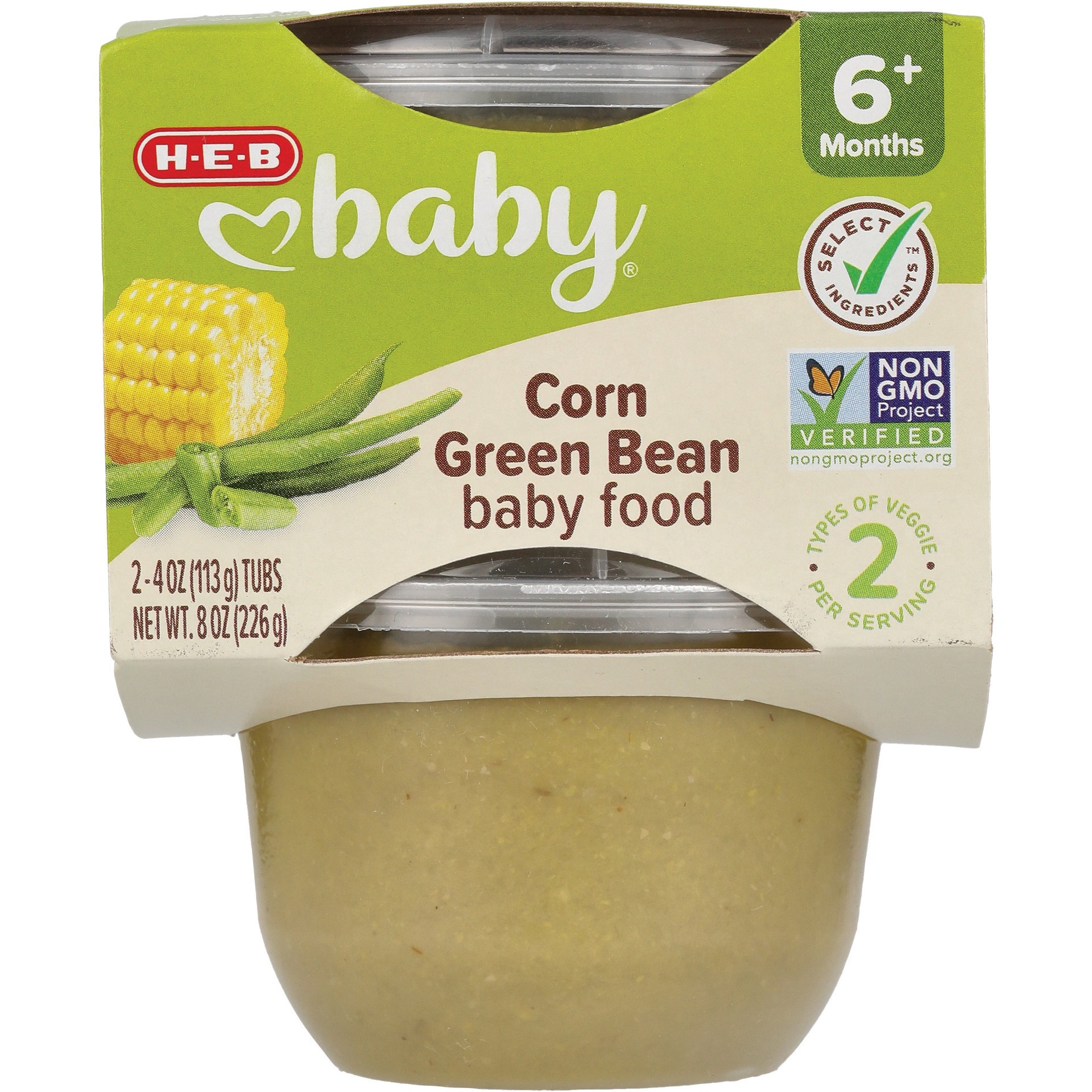 slide 1 of 1, H-E-B Baby Food - Corn Green Beans, 4 oz Tubs, 2 ct