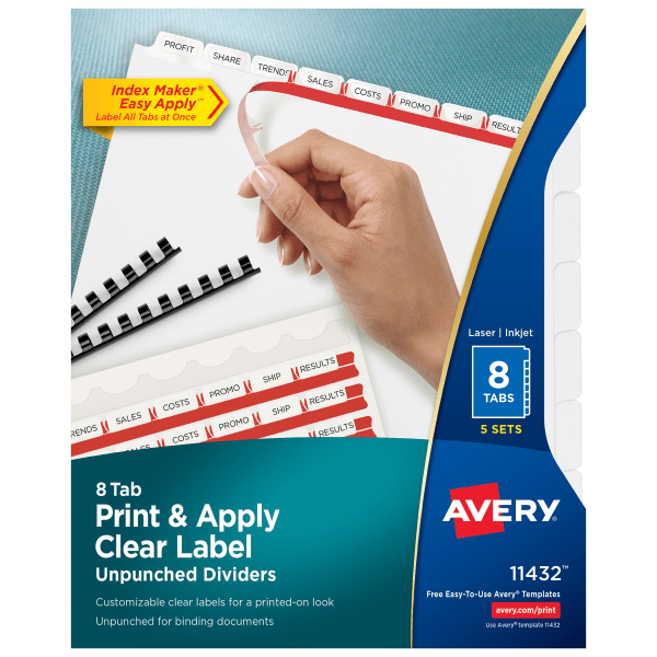 slide 1 of 10, Avery Print & Apply Clear Label Dividers With Index Maker Easy Apply Printable Label Strip And White Tabs, 8-Tab, Box Of 5 Sets, 5 ct