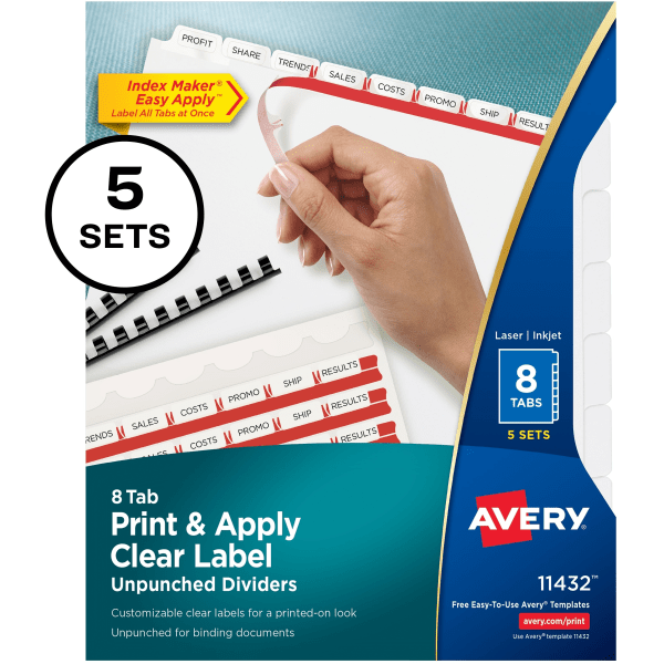 slide 10 of 10, Avery Print & Apply Clear Label Dividers With Index Maker Easy Apply Printable Label Strip And White Tabs, 8-Tab, Box Of 5 Sets, 5 ct