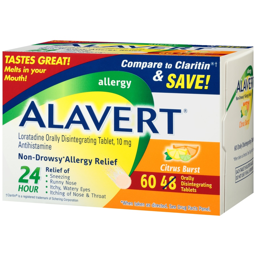 slide 3 of 6, Alavert Non-Drowsy 24-Hour Allergy Relief Orally Disintegrating Tablets in Citrus Burst Flavor, 60 ct