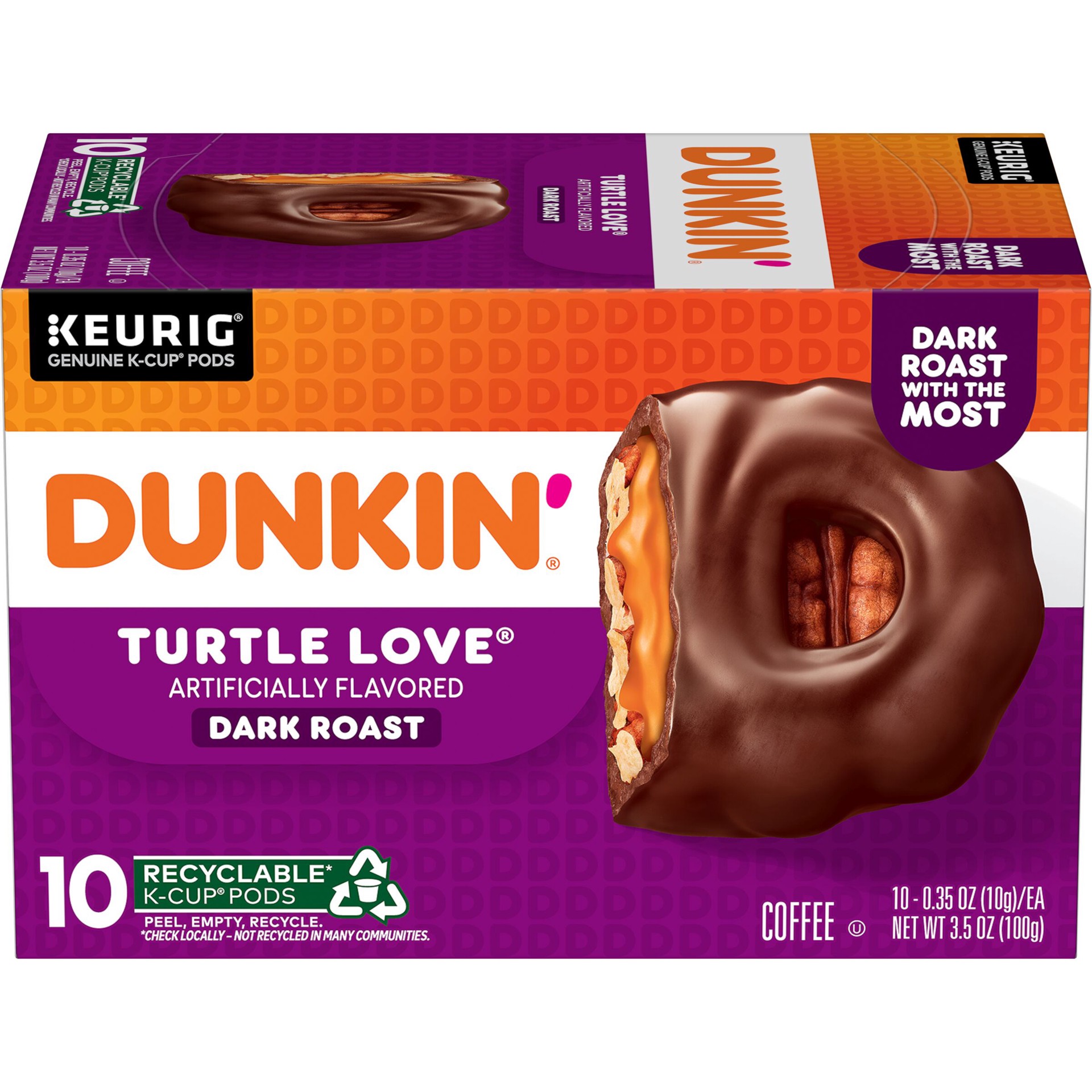 slide 1 of 9, Dunkin'' Turtle Love Coffee, Dark Roast, Keurig K-Cup Pods, 10 Count Box, 10 ct