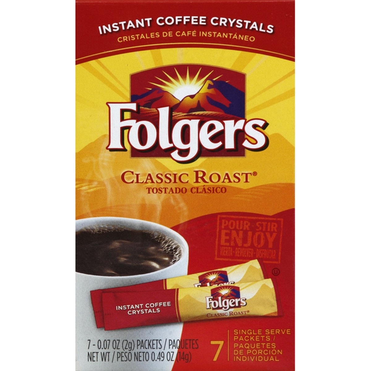 slide 1 of 1, Folgers Instant Coffee Crystals Classic Roast Single Serve Packets, 7 ct