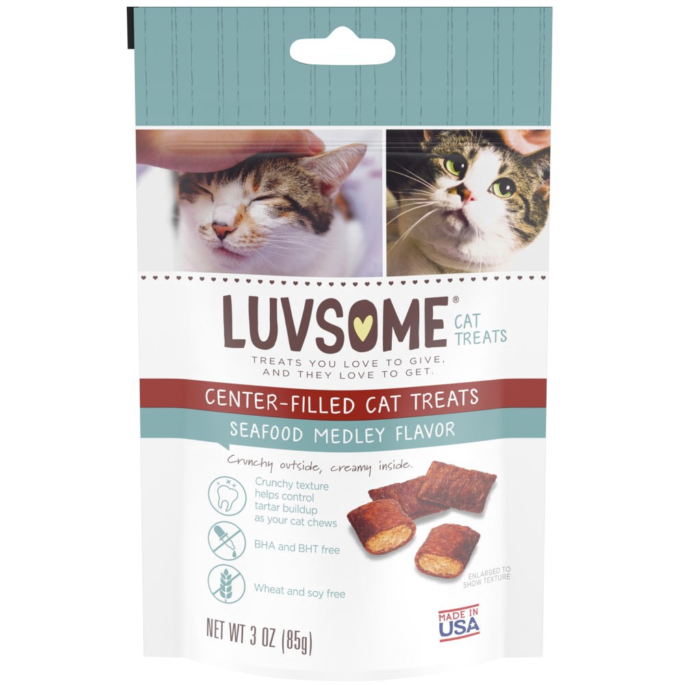 slide 2 of 3, Luvsome Center-Filled Seafood Medley Flavor Cat Treats, 3 oz