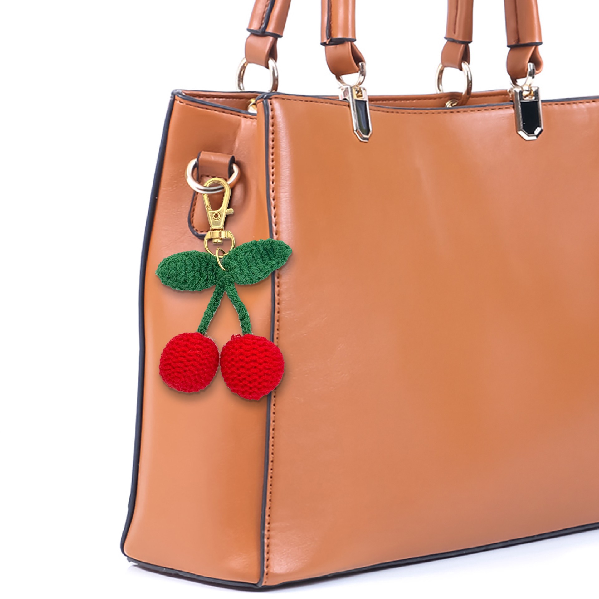 slide 2 of 3, Blue Moon Studio Crochet Cherry Bag Charm, 2.16 in x 1.85 in x 0.7 in